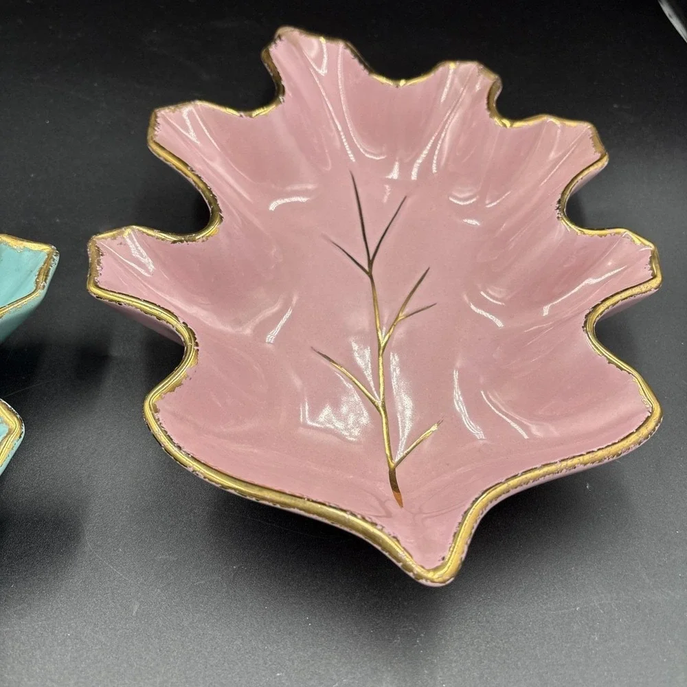 CA Pottery Leaf Dish Set 2  Pink &Turquoise Blue Gold Trim USA VTG  #632 MCM 10